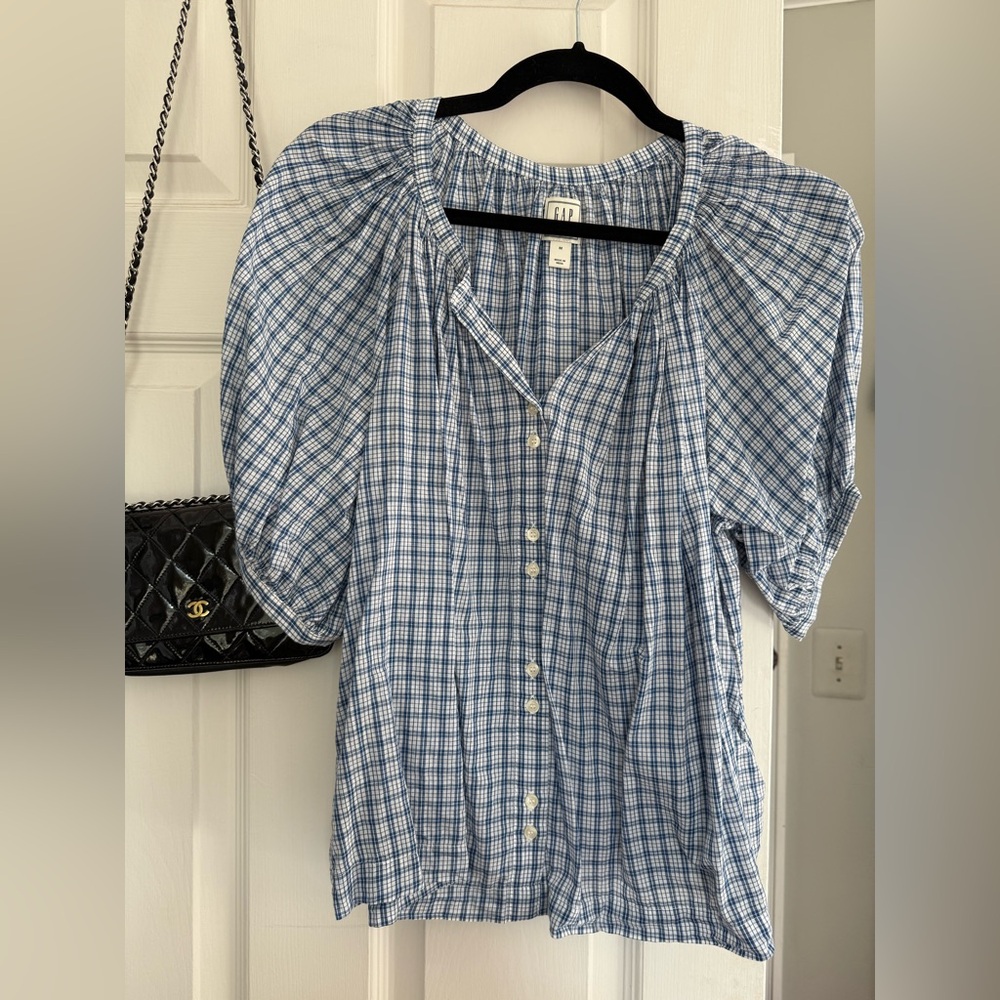 Doen x GAP Blue & White Plaid Puff-Sleeve Button Front Blouse